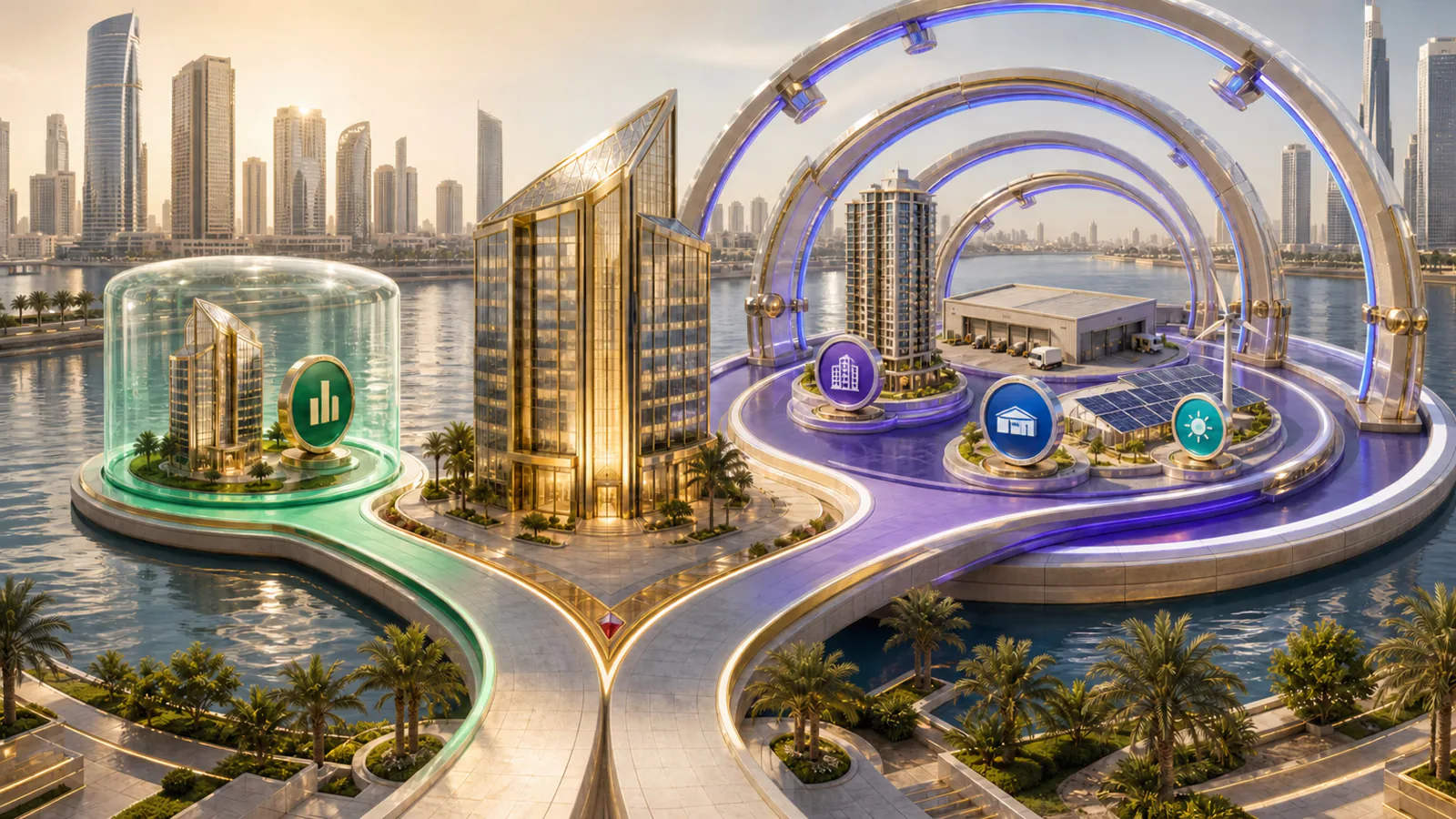 Futuristic tokenization district with connected routes and financial symbols.